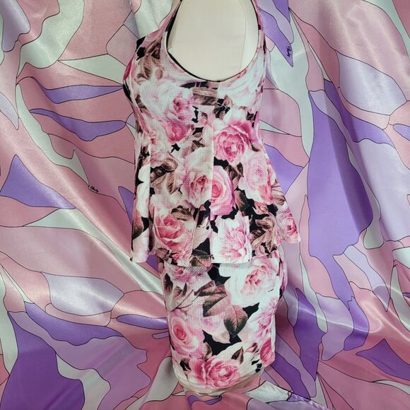 Pink Rose Mini Dress Size Small Japan Floral Bodycon Peplum Gyaru Gal Style Y2K - Picture 6 of 10